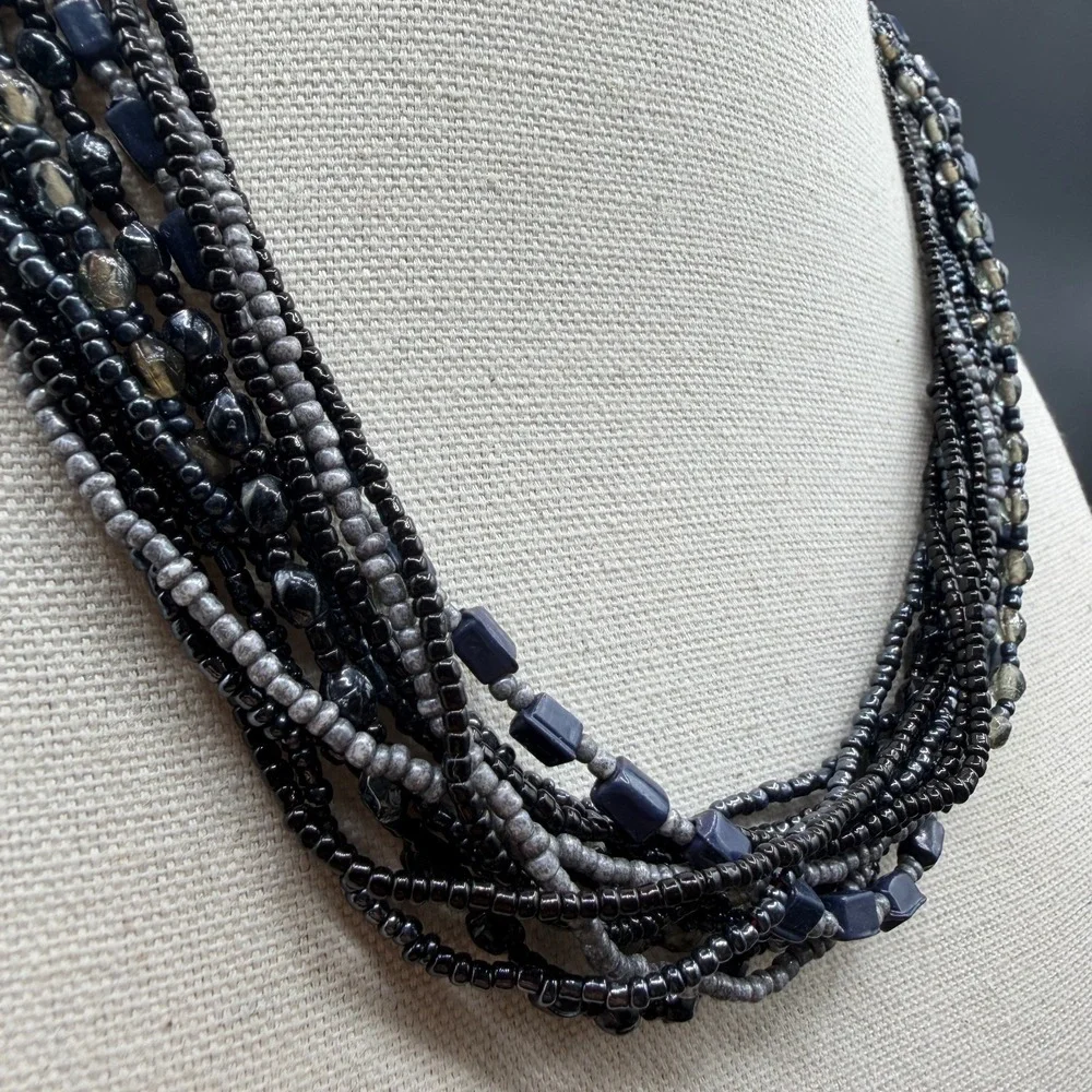 Multi Strand Black Gray Blue Beaded Statement Necklace Layered Boho AdjustableMu